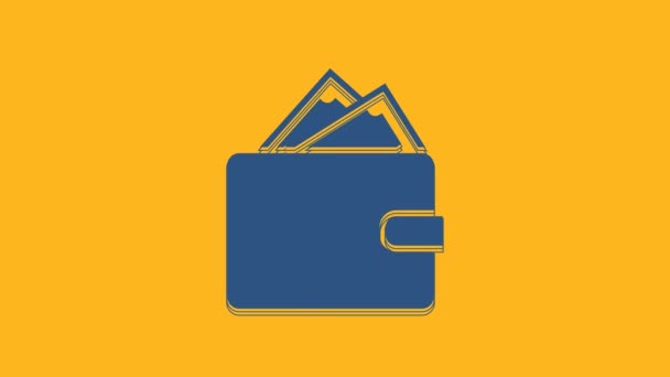 Modrá peněženka s zásobníky papírové peníze hotovost ikona izolované na oranžovém pozadí. Ikona kabelky. Symbol peněžních úspor. Grafická animace pohybu videa 4K. - Záběry, video