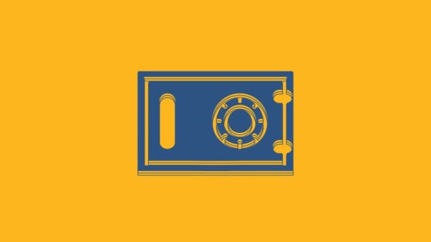 Blue Safe icon isolated on orange background. The door safe a bank vault with a combination lock. Reliable Data Protection. 4K Video motion graphic animation. - Video