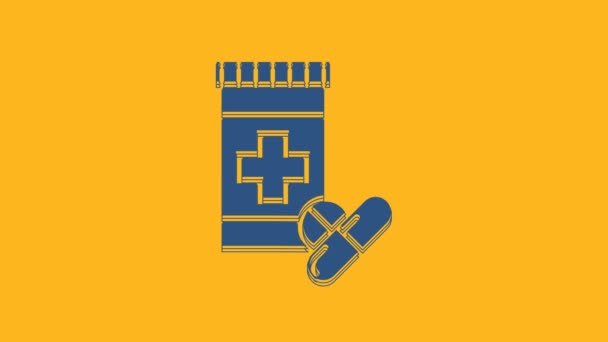 Blue Medicine bottle and pills icon isolated on orange background. Bottle pill sign. Pharmacy design. 4K Video motion graphic animation. - Felvétel, videó