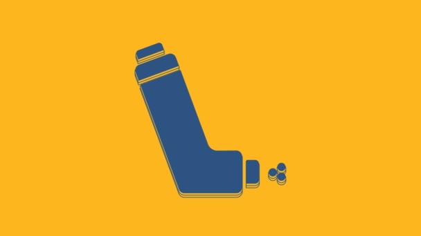 Icono del inhalador azul aislado sobre fondo naranja. Respiración para aliviar la tos, inhalación, paciente alérgico. Aerosol inhalador de asma de alergia médica. Animación gráfica de vídeo 4K. - Imágenes, Vídeo