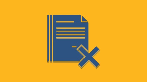 Blue Delete file document icon isoliert auf orangefarbenem Hintergrund. Verworfenes Dokument-Symbol. Kreuz auf Papier. 4K Video Motion Grafik Animation. - Filmmaterial, Video