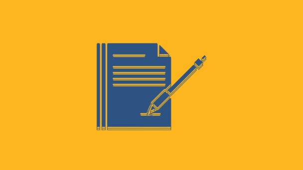 Carnet blanc bleu et icône de stylo isolés sur fond orange. Papier et stylo. Animation graphique de mouvement vidéo 4K. - Séquence, vidéo