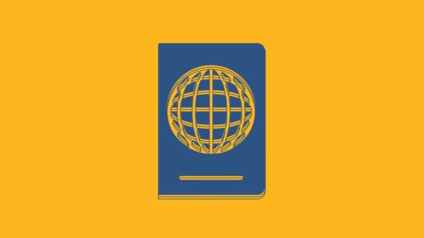 Pasaporte azul con icono de datos biométricos aislado sobre fondo naranja. Documento de identificación. Animación gráfica de vídeo 4K. - Metraje, vídeo