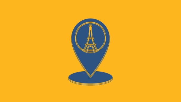 Puntero Mapa Azul con icono de la torre Eiffel aislado sobre fondo naranja. Francia París símbolo emblemático. Animación gráfica de vídeo 4K. - Metraje, vídeo