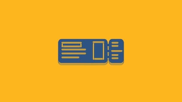 Icono del billete de viaje azul aislado sobre fondo naranja. Tren, barco, avión, tranvía, transporte en autobús. Concepto de servicio de viaje. Animación gráfica de vídeo 4K. - Metraje, vídeo