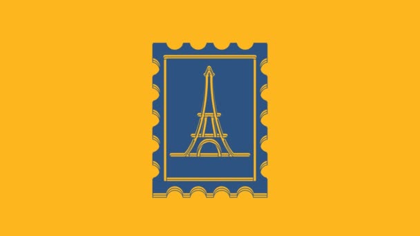 Modrá poštovní známka a ikona Eiffelovy věže izolované na oranžovém pozadí. Grafická animace pohybu videa 4K. - Záběry, video