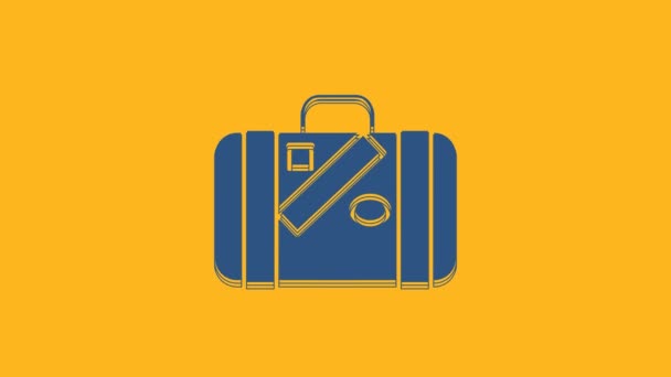 Blue Suitcase for travel and stickers icon isolated on orange background. Traveling baggage sign. Travel luggage icon. 4K Video motion graphic animation. - Footage, Video