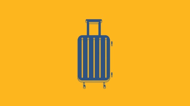 Modrý kufr pro cestovní ikonu izolované na oranžovém pozadí. Cestovní nápis zavazadel. Ikona cestovních zavazadel. Grafická animace pohybu videa 4K. - Záběry, video