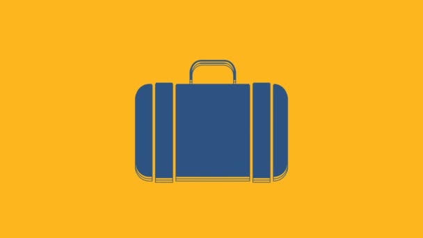 Blauwe koffer voor reisicoon geïsoleerd op oranje achtergrond. Reisbagagebord. Reisbagage icoon. 4K Video motion grafische animatie. - Video