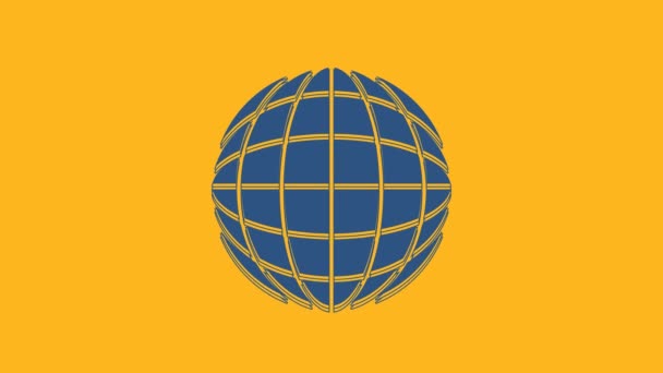 Blue Earth globe icon isolated on orange background. World or Earth sign. Global internet symbol. Geometric shapes. 4K Video motion graphic animation. - Filmati, video