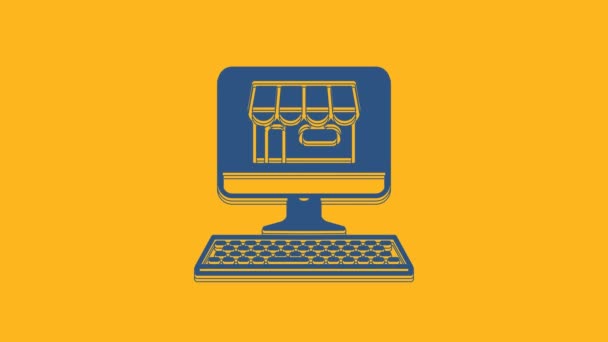Blue Shopping gebouw op het scherm computer pictogram geïsoleerd op oranje achtergrond. Concept e-commerce, e-business, online business marketing. 4K Video motion grafische animatie. - Video