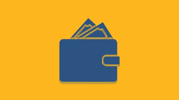 Blaue Brieftasche mit Stapeln Papiergeld Bargeld Symbol isoliert auf orangefarbenem Hintergrund. Portemonnaie. Bargeldsparsymbol. 4K Video Motion Grafik Animation. - Filmmaterial, Video