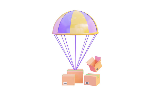 ejtőernyős ikon fehér hátterű csomagtartóval 3d render koncepció csomagkézbesítéshez - Fotó, kép