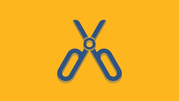 Blue Scissors Symbol isoliert auf orangefarbenem Hintergrund. Maßanfertigung. Schneidwerkzeugschild. 4K Video Motion Grafik Animation. - Filmmaterial, Video