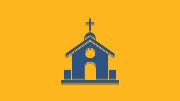 Blue Church rakennuksen ikoni eristetty oranssi tausta. Kristillinen kirkko. Kirkon uskonto. 4K Video motion graafinen animaatio. - Materiaali, video