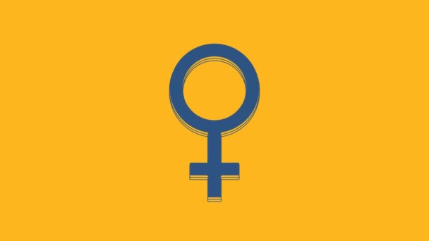 Icono de símbolo de género femenino azul aislado sobre fondo naranja. Símbolo Venus. El símbolo de un organismo femenino o una mujer. Animación gráfica de vídeo 4K. - Metraje, vídeo