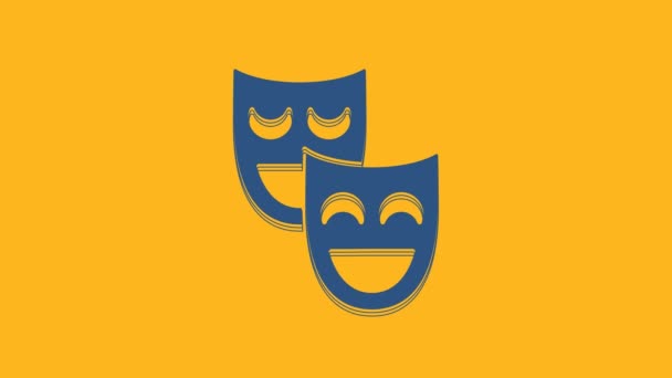 Comedia azul máscaras teatrales icono aislado sobre fondo naranja. Animación gráfica de vídeo 4K. - Metraje, vídeo