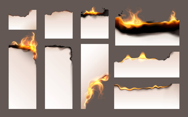 Burned old paper realistic and colored sheets of different sizes smoldering and burning vector illustration - Vecteur, image