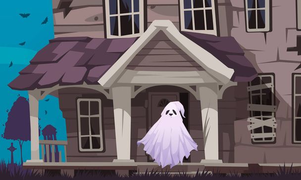 Ghost cartoon concept met griezelig wezen en oud verlaten huis achter vector illustratie - Vector, afbeelding