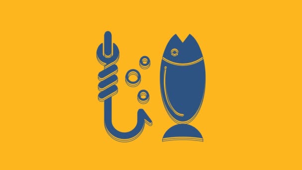 Blue Fishing icon isolated on orange background. Fish and hook. Strategy concept. Bait sign. 4K Video motion graphic animation. - Footage, Video