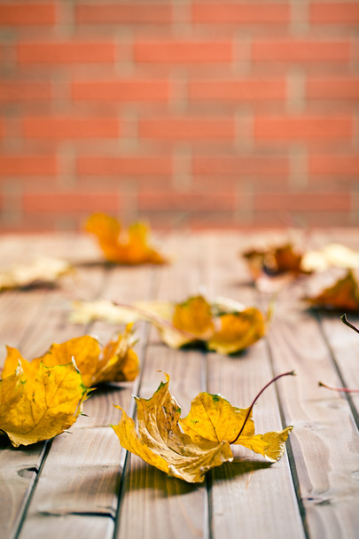 autumn leaves on wooden table - Foto, afbeelding