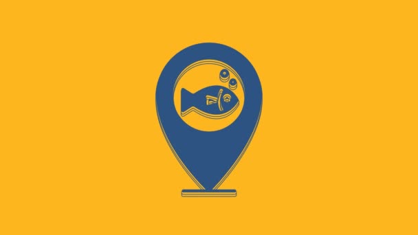 Blue Location visserij pictogram geïsoleerd op oranje achtergrond. Visplaats. 4K Video motion grafische animatie. - Video
