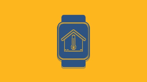 Μπλε Smart ρολόι με το σπίτι θερμοκρασία εικονίδιο απομονώνονται σε πορτοκαλί φόντο. Εικόνα θερμόμετρου. 4K Γραφική κίνηση κίνησης βίντεο. - Πλάνα, βίντεο