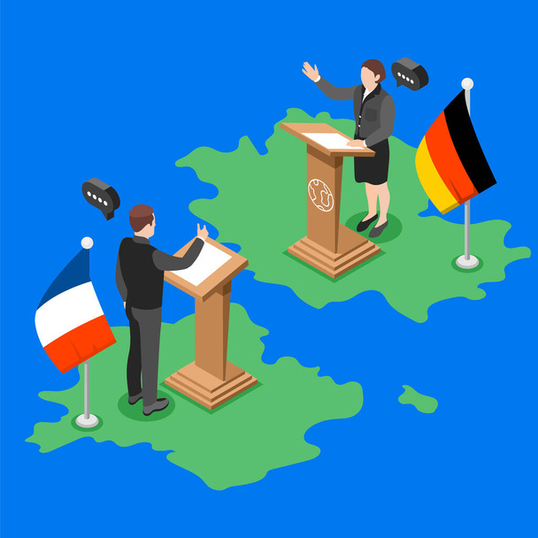 Diplomacia y concepto diplomático isométrico y coloreado el representante de Francia negocia con el representante de la ilustración vectorial de Alemania - Vector, imagen
