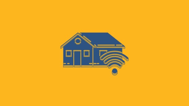 Blue Smart huis met wi-fi icoon geïsoleerd op oranje achtergrond. Afstandsbediening. 4K Video motion grafische animatie. - Video