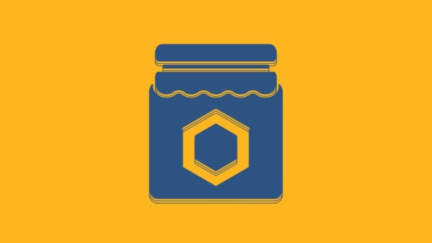 Vaso blu di icona di miele isolato su sfondo arancione. Banco alimentare. Dolce simbolo del cibo naturale. Animazione grafica 4K Video motion. - Filmati, video