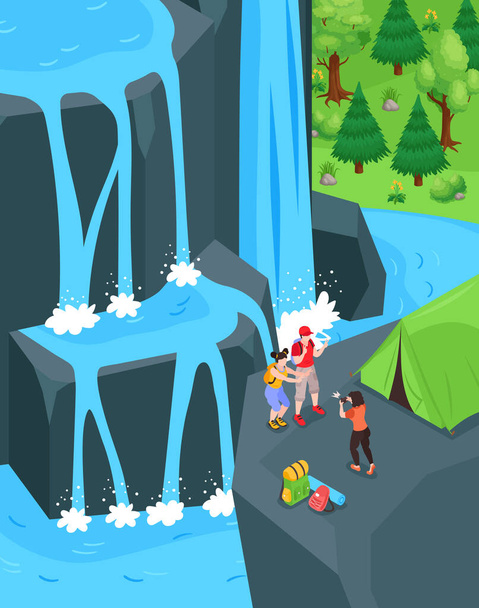 Waterfall background with trip and recreation symbols isometric vector illustration - Вектор,изображение