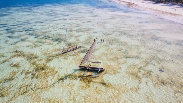 Zanzibar 'daki Kiwengwa köyündeki beyaz kumsalda dinlenirken kristal berrak sularda süzülen bir Dhow katamaran yelkenlisine hayranlık duyuyorum.. - Fotoğraf, Görsel