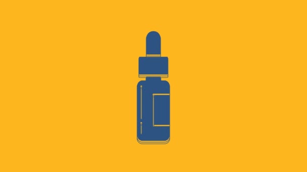 Blauwe glazen fles met een pipet. Flacon met een pipet binnenin pictogram geïsoleerd op oranje achtergrond. Container voor medische en cosmetische producten. 4K Video motion grafische animatie. - Video