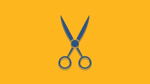 Синие ножницы иконка парикмахера изолированы на оранжевом фоне. Парикмахерская, модный салон и вывеска. Символ парикмахерской. Видеографическая анимация 4K. - Кадры, видео
