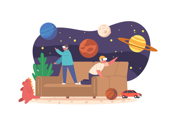 Children Wearing Vr Headsets Explore Space In Home Setting. Kids Immersed In Educational Experience. Concept of Potential Of Technology In Learning And Education. Cartoon People Vector Illustration - Vector, Image