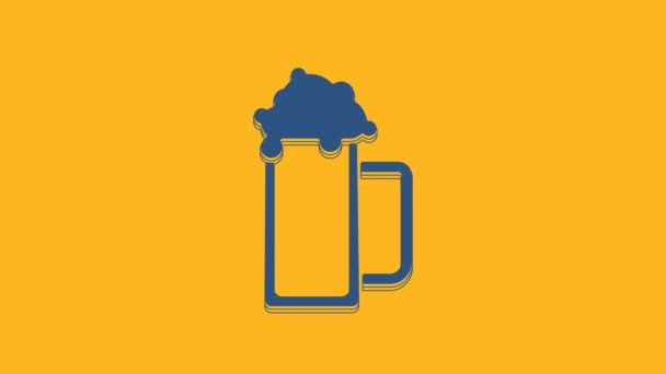 Blue Glass of beer icon isolated on orange background. 4K Video motion graphic animation. - Footage, Video