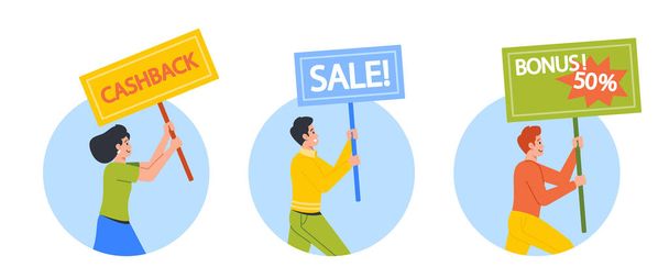 Promoters Offer Cashback, Sale and Bonus Isolated Round Icons or Avatars. Woman and Men with Banners Making Announcement about Promotional Products and Profits. Cartoon People Vector Illustration - Vektor, Bild