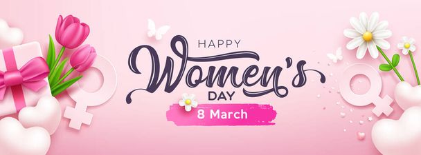 Happy Women 's Day Banner Geschenkbox rosa Schleifen Band mit Tulpenblumen und Schmetterling, Herz, weiße Blume, Konzeptdesign auf rosa Hintergrund, EPS10 Vector Illustration. - Vektor, Bild