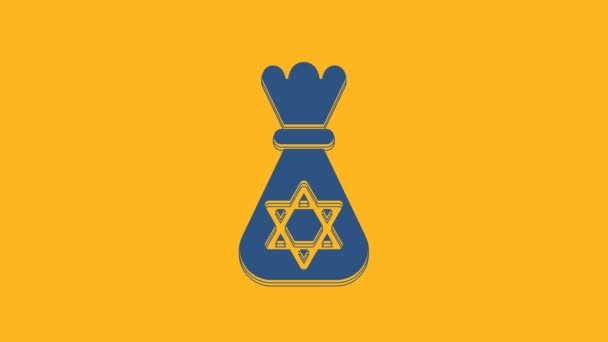 Блакитний єврейський мішок з зіркою голубого ікону ізольований на помаранчевому тлі. Валютний символ. 4K Відеографічна анімація. - Кадри, відео