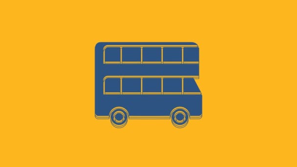 Icône de bus bleu à deux étages isolée sur fond orange. Bus classique londonien. Symbole des transports publics. Animation graphique de mouvement vidéo 4K. - Séquence, vidéo
