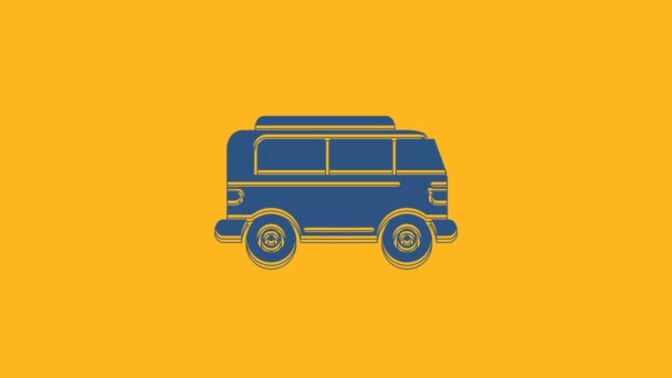Icône minifourgonnette bleue rétro isolée sur fond orange. Vieux classique rétro van de voyage. Animation graphique de mouvement vidéo 4K. - Séquence, vidéo