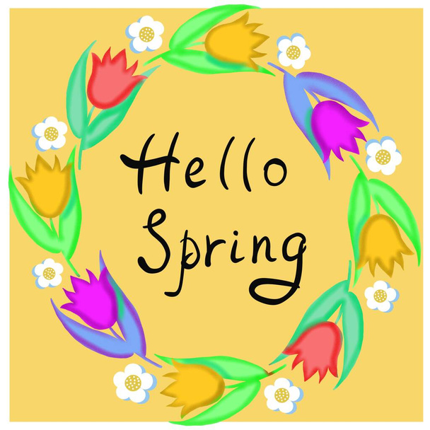   hello spring,greeting card with spring flowers tulips,yellow,pink,purple,happy spring,hello spring,spring flowers,daisies,a frame of spring flowers tulips - Foto, imagen
