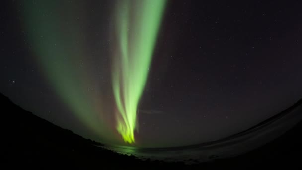 Brillante cielo pieno rosso e verde aurora boreale sull'oceano - Filmati, video