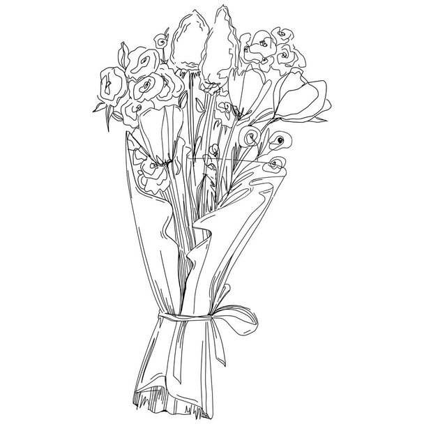 illustrazione vettoriale di fiori incisi in bianco e nero. elemento decorativo per libro da colorare, involucro disegnato. - Vettoriali, immagini