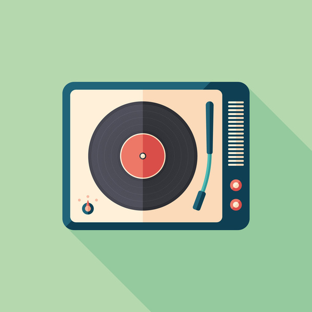 Vintage turntable flat square icon with long shadows. - Vector, Image