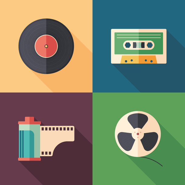 Set of colorful retro flat media icons with long shadows. - Διάνυσμα, εικόνα
