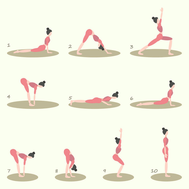 A set of ten different yoga poses, a complete exercise complex. Woman in pink suit, minimalistic character from oval elements. Vector illustration - Вектор,изображение