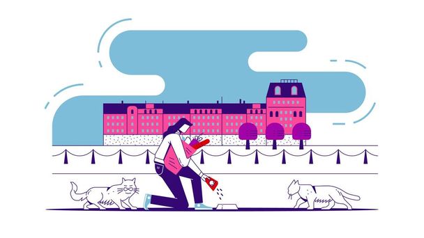 Illustration of a young woman who purchased groceries from a store and is now feeding stray cats on the city street. The image is in flat design style against a white background, representing kindness - Вектор,изображение