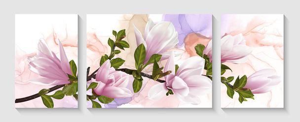 Set of modern creative illustrations with twig-blooming Magnolia flowers. Modern creative design alcohol ink texture for home decor, banners, and prints. Vector illustration. - Vetor, Imagem