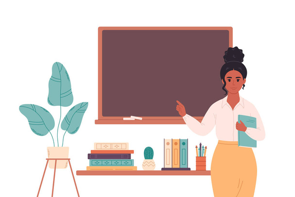 Female teacher at classroom near blackboard. Education, lecture and lesson at school. Vector illustration - Vector, Image